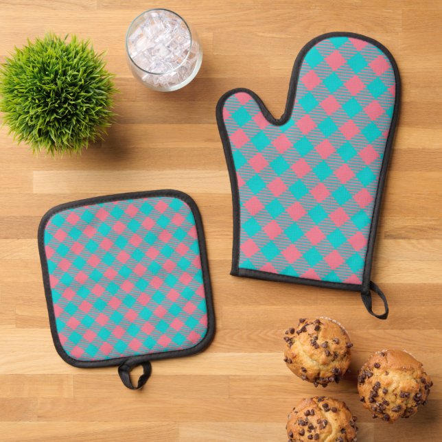 "Dark Turquoise, Peony Pink"  Gingham Oven Mitt & Pot Holder Set (Top Down)