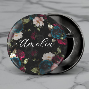 Dark Turquoise Red Floral Monogram 3 Cm Round Badge
