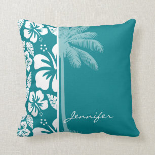 Dark Turquoise Tropical Hibiscus; Palm Cushion