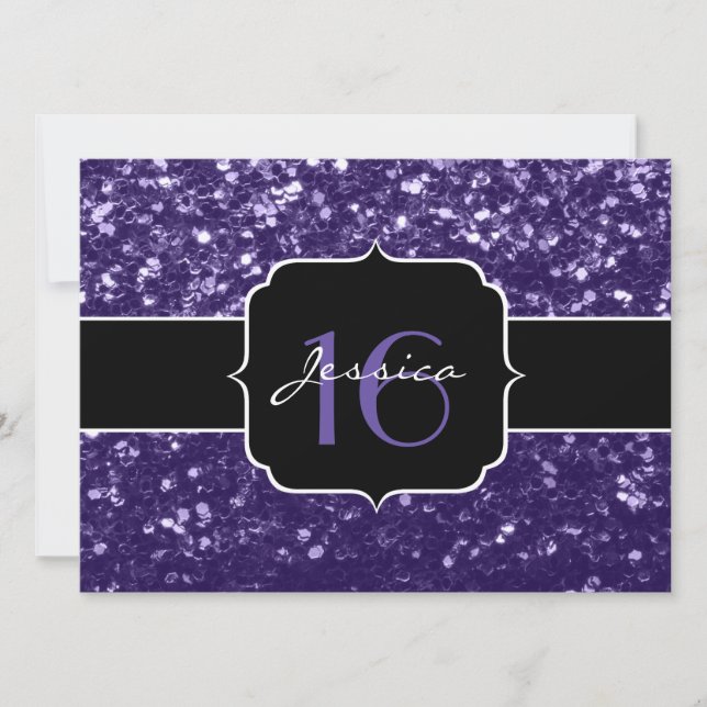 Dark ultra violet glitter sparkles Sweet 16 invite (Front)