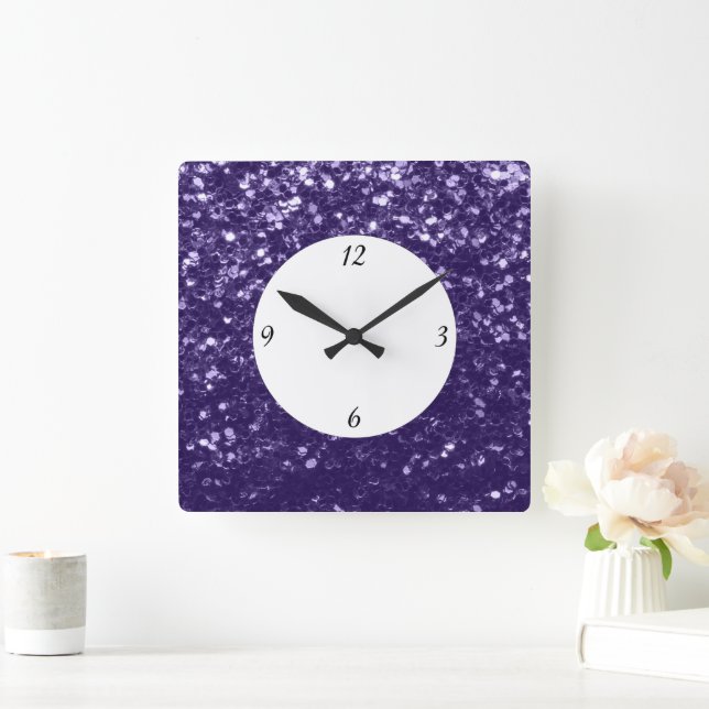 Dark ultra violet purple glitter sparkle w numbers square wall clock (Home)