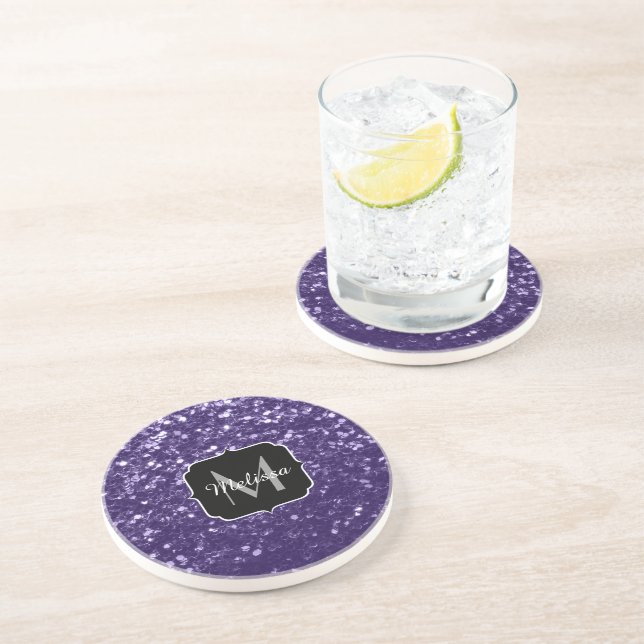 Dark ultra violet purple glitter sparkles Monogram Coaster (Side)