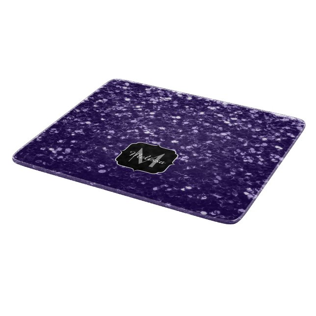 Dark ultra violet purple glitter sparkles Monogram Cutting Board (Corner)
