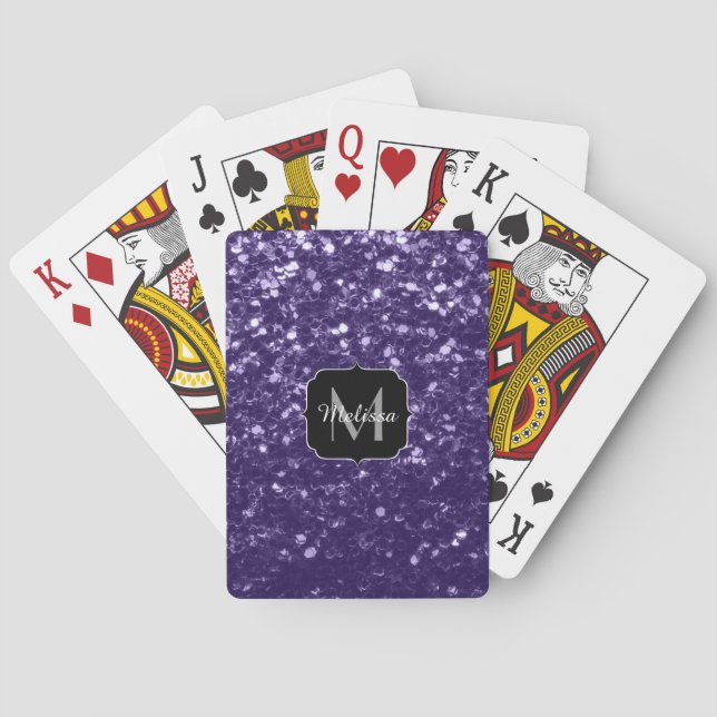 Dark ultra violet purple glitter sparkles Monogram Playing Cards (Back)