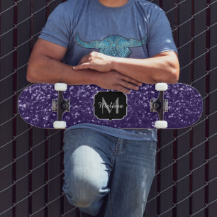 Dark ultra violet purple glitter sparkles Monogram Skateboard