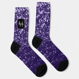 Dark ultra violet purple glitter sparkles Monogram Socks