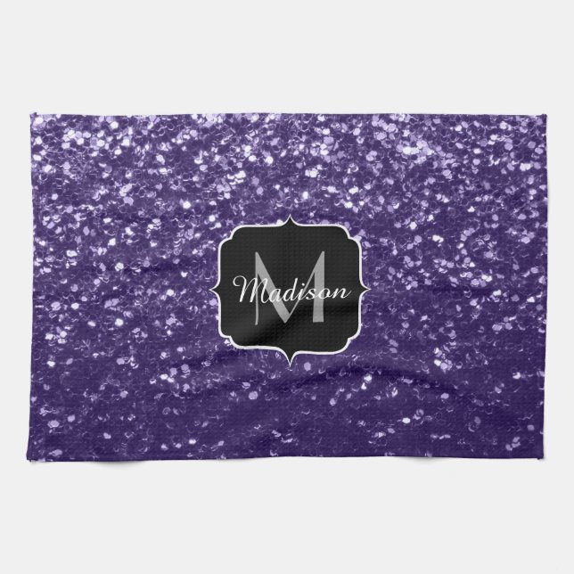 Dark ultra violet purple glitter sparkles Monogram Tea Towel (Horizontal)