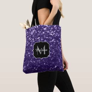 Dark ultra violet purple glitter sparkles Monogram Tote Bag