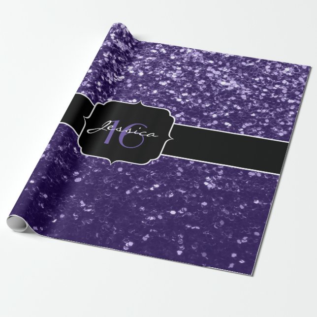 Dark ultra violet purple glitter sparkles Sweet 16 Wrapping Paper (Unrolled)