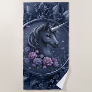 Dark Unicorn Portrait in a Round Frame Beach Towel