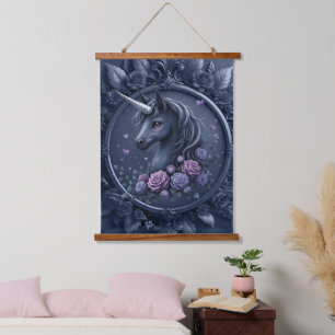 Dark Unicorn Portrait in a Round Frame Hanging Tapestry