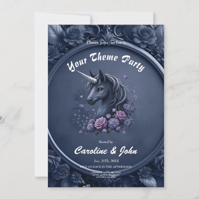 Dark Unicorn Portrait in a Round Frame Invitation (Front)