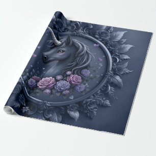 Dark Unicorn Portrait in a Round Frame Wrapping Paper
