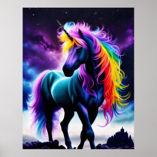 Dark Unicorn with Rainbow Mane Poster