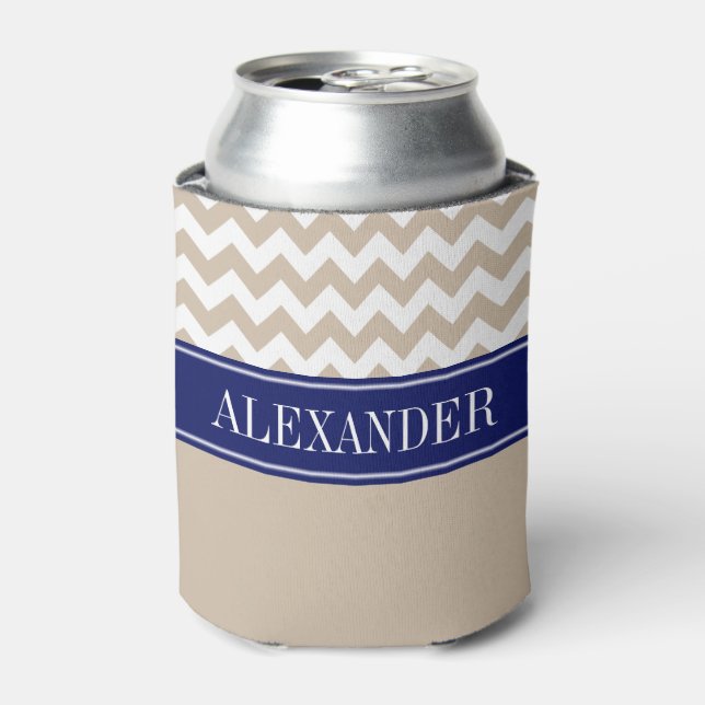 Dark Vanilla, White Chevron CB Navy Name Monogram Can Cooler (Can Front)