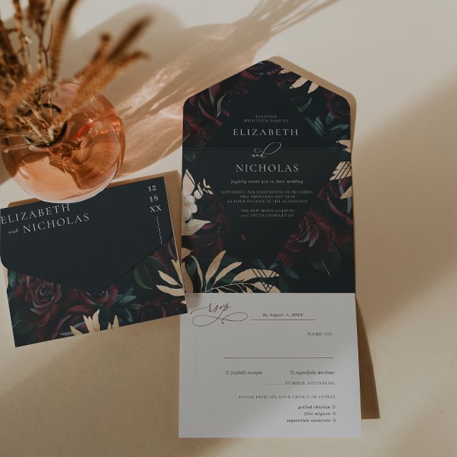 Dark Velvet Burgundy Rose | Autumn Winter Wedding All In One Invitation (Creator Uploaded)