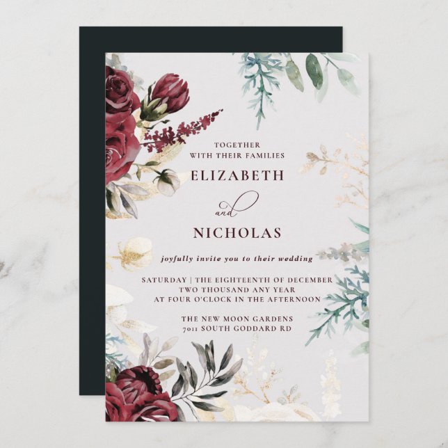 Dark Velvet Burgundy Rose | Autumn Winter Wedding  Invitation (Front/Back)