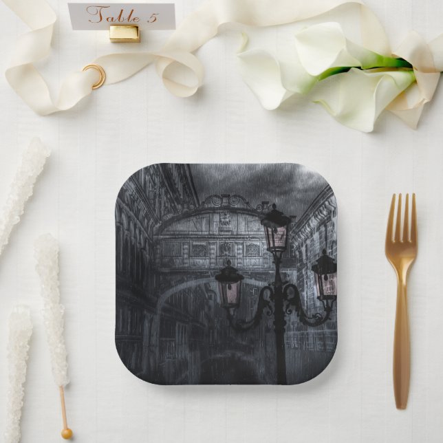 Dark Venice Rain Bridge of Sighs at Night Paper Plate (Wedding)