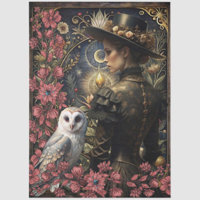 Dark Victorian Girl White Owl Floral Abstract Art  Tissue Paper (Front)
