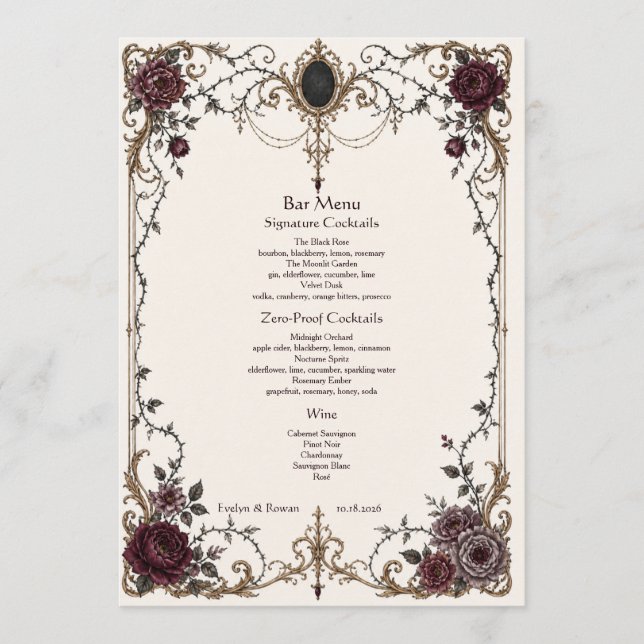 Dark Victorian Gothic Floral Wedding Bar Menu (Front)