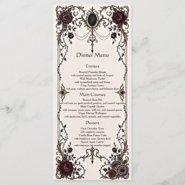 Dark Victorian Gothic Floral Wedding Dinner Menu (Front)