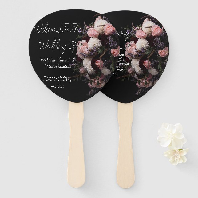 Dark vintage burgundy Floral Wedding Hand Fan (Front and Back)