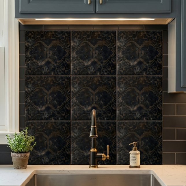 Dark Vintage Distressed Black Marble Damask Ceramic Tile (Creator Uploaded)