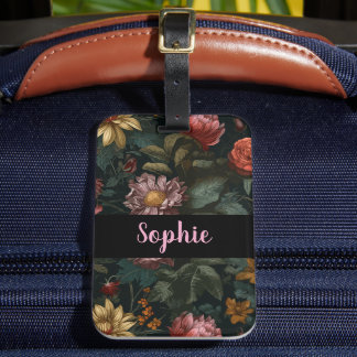 Dark Vintage Floral Custom Name Elegant Travel  Luggage Tag