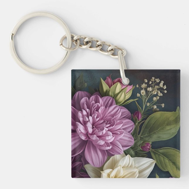 Dark Vintage Flowers Key Ring (Front)