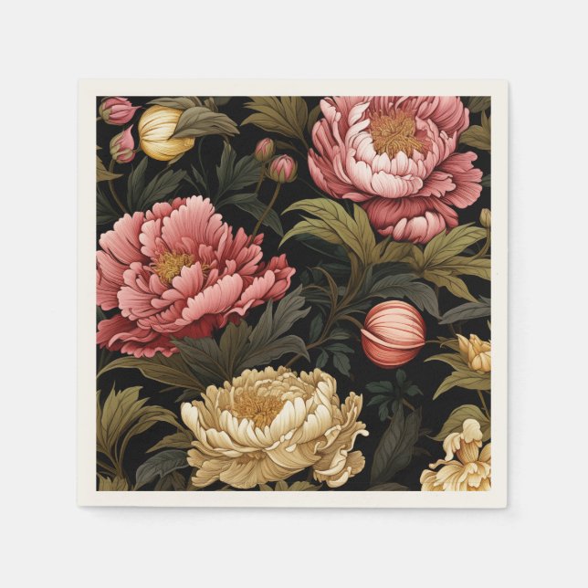 Dark Vintage Peony Floral Patterned Paper Napkin (Front)