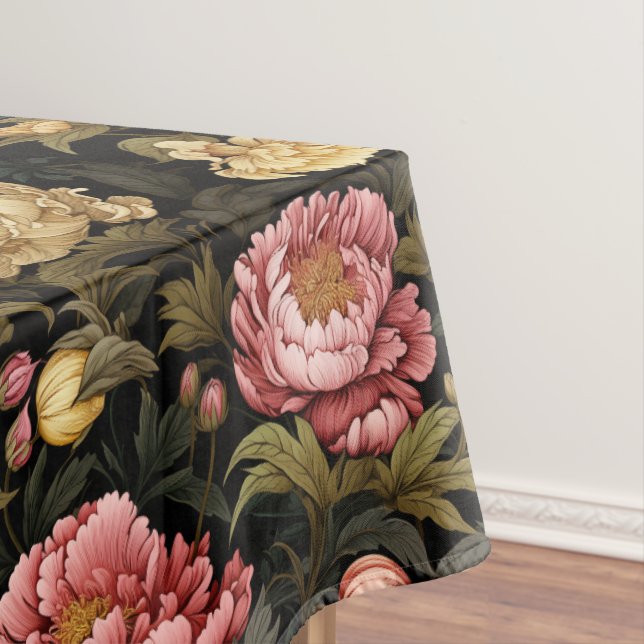 Dark Vintage Peony Floral Patterned Tablecloth (In Situ)