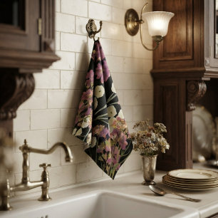 Dark Vintage Pressed Paper Flowers Tea Towel