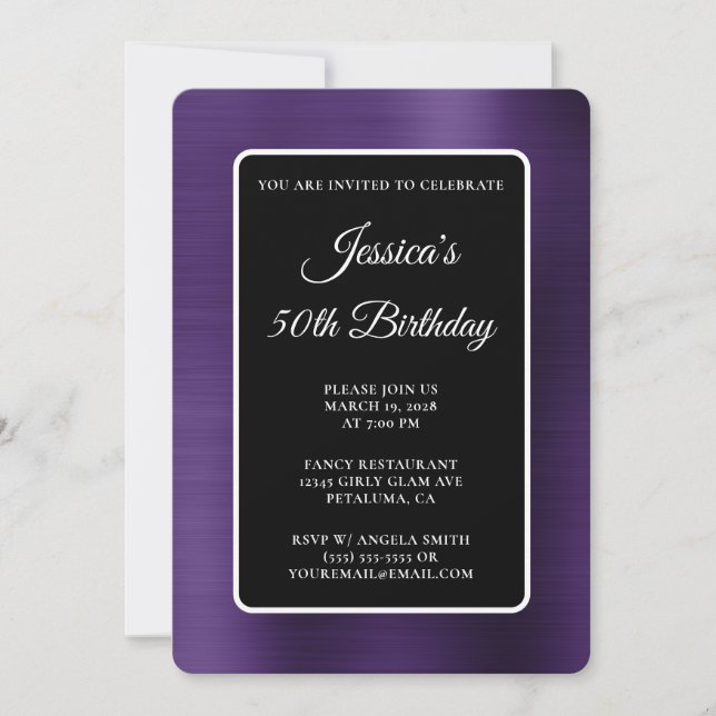Dark Violet Foil Black and White 50th Birthday Invitation (Front)