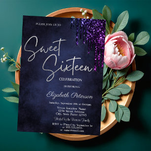 Dark Violet Glitter Drips, Navy Blue Sweet 16  Invitation