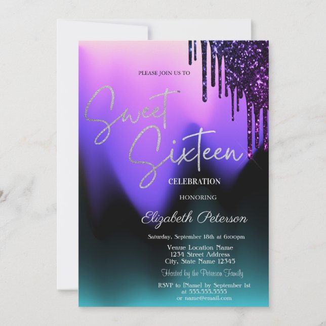 Dark Violet Glitter Drips,Ombre Sweet 16  Invitation (Front)