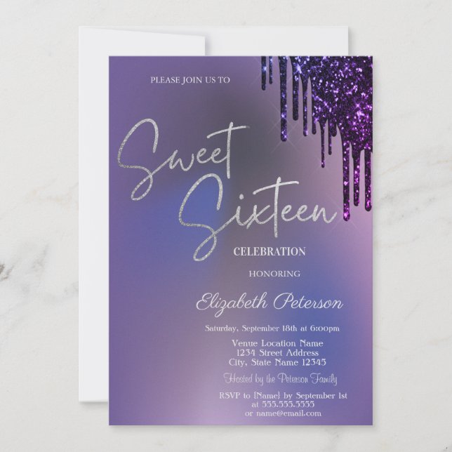 Dark Violet Glitter Drips Violet Sweet 16  Invitation (Front)