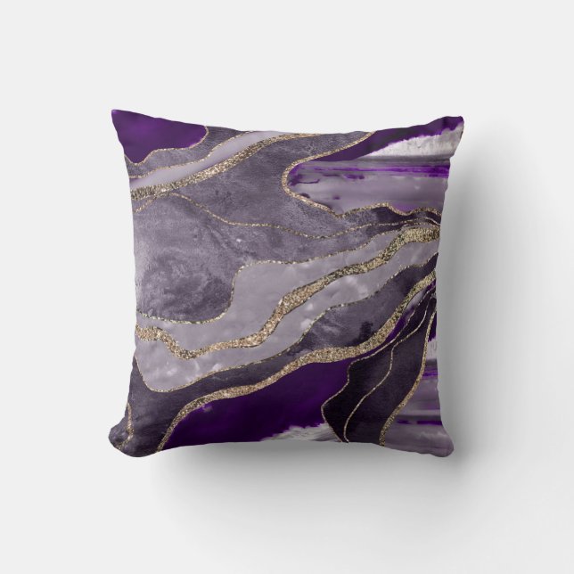 Dark Violet Marble Agate Gold Glitter Glam  Cushion (Front)
