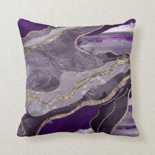 Dark Violet Marble Agate Gold Glitter Glam  Cushion
