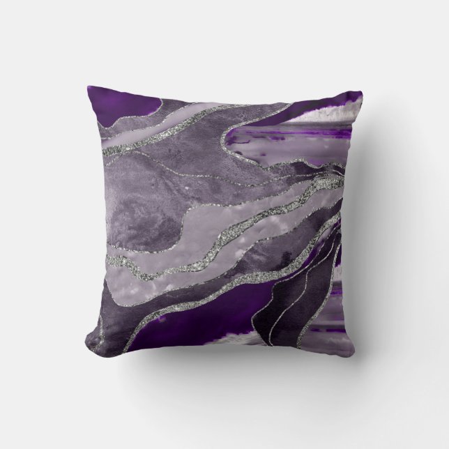 Dark Violet Marble Agate Silver Glitter Glam #1  Cushion (Front)