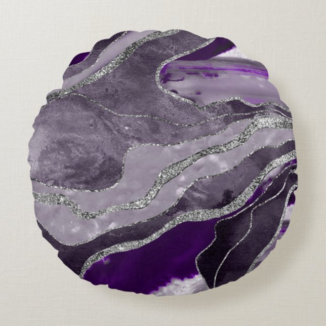 Dark Violet Marble Agate Silver Glitter Glam #1  Round Cushion (Front)