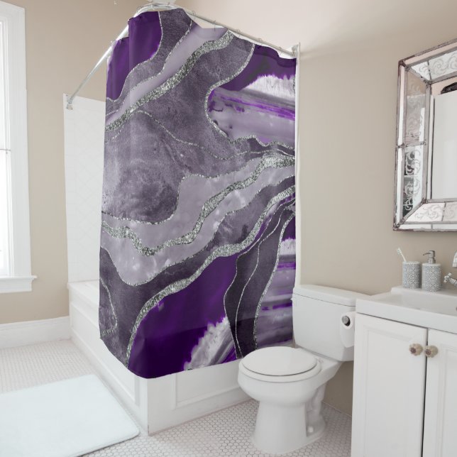 Dark Violet Marble Agate Silver Glitter Glam #1  Shower Curtain (In Situ)