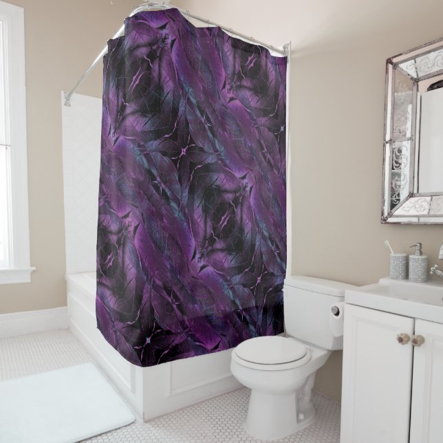 Dark Violet Purple Abstract Feather Textured Shower Curtain (In Situ)