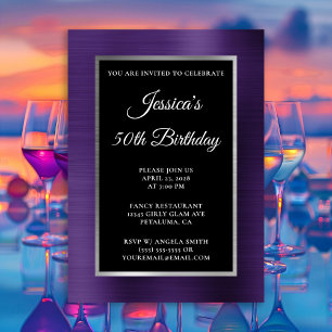 Dark Violet Purple Silver Foil Black 50th Birthday Invitation