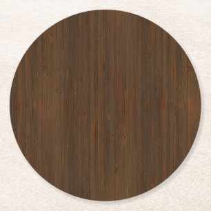 Dark Walnut Brown Bamboo Wood Grain Look Round Paper Coaster