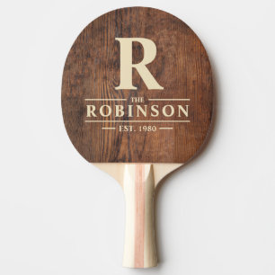 Dark Walnut Wood Family Name & Initial Ping Pong Paddle