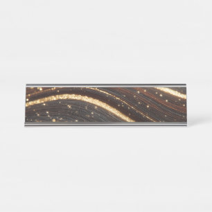 Dark Walnut Wood Grain with Sparkling Gold Rivers Desk Name Plate