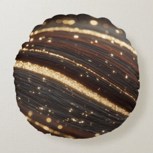 Dark Walnut Wood Grain with Sparkling Gold Rivers Round Cushion