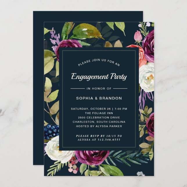 Dark Watercolor Floral Boho | Engagement Party Invitation (Front/Back)