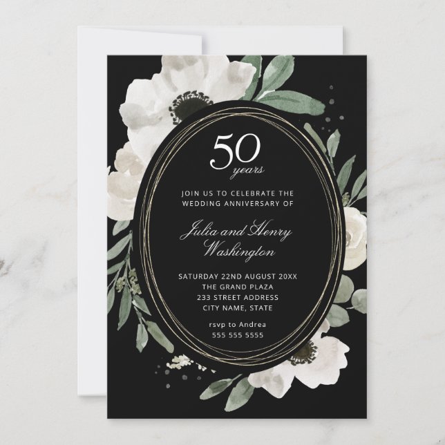 Dark Watercolor Floral Gold Frame 50th Anniversary Invitation (Front)