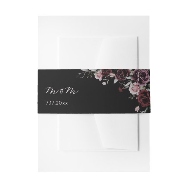 Dark Watercolor Roses Wedding Invitation Belly Band (Front Example)